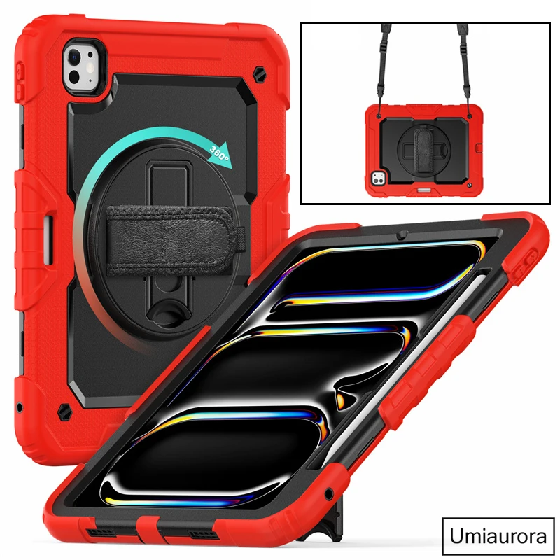 do iPada Air 4 5 10.9 Air6 M2 Pro 11 12.9 13-calowy M4 2024 Full Body Armor Tablet Case Rotation Hand Strap Stand Shockproof Cover