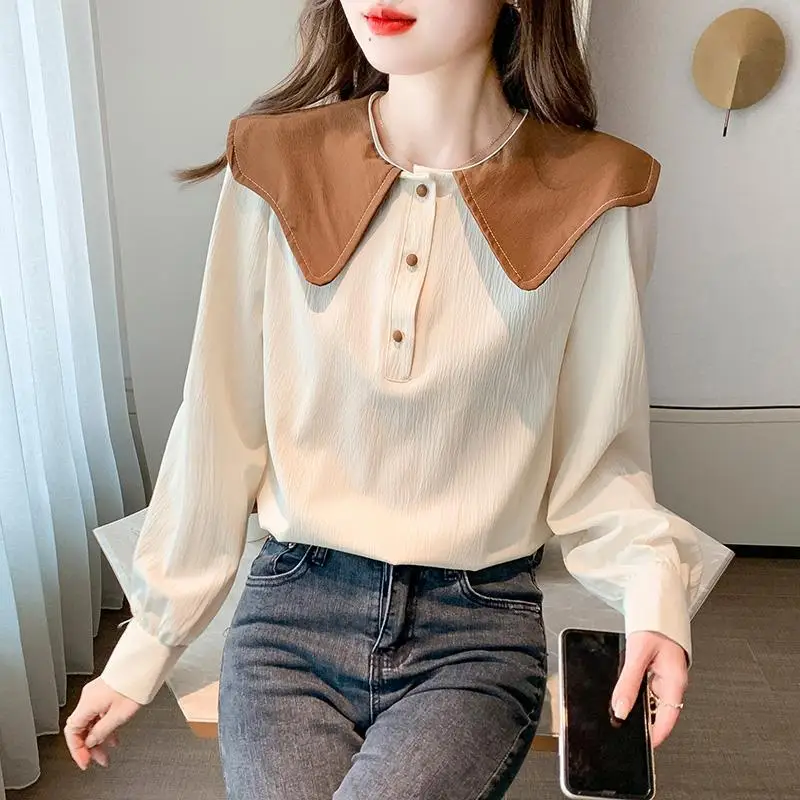 Spring 2022 New Korean Bottoming Shirt Femme Cute Blouse Femmes Autumn Doll Collar Long-Sleeved Shirt for Women enlarge