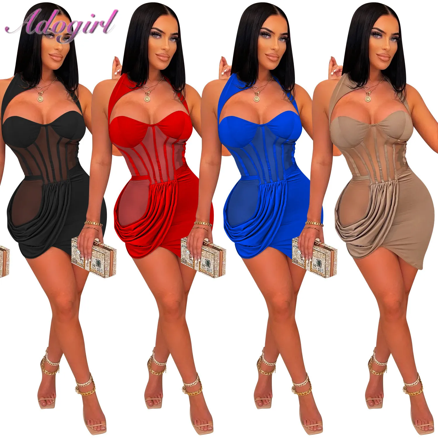 

Elegant Sheer Mesh Caged Summer Mini Dress Women Sexy Strapless Hollow Out Backless Evening Party Club Dresses Outfit Vestidos