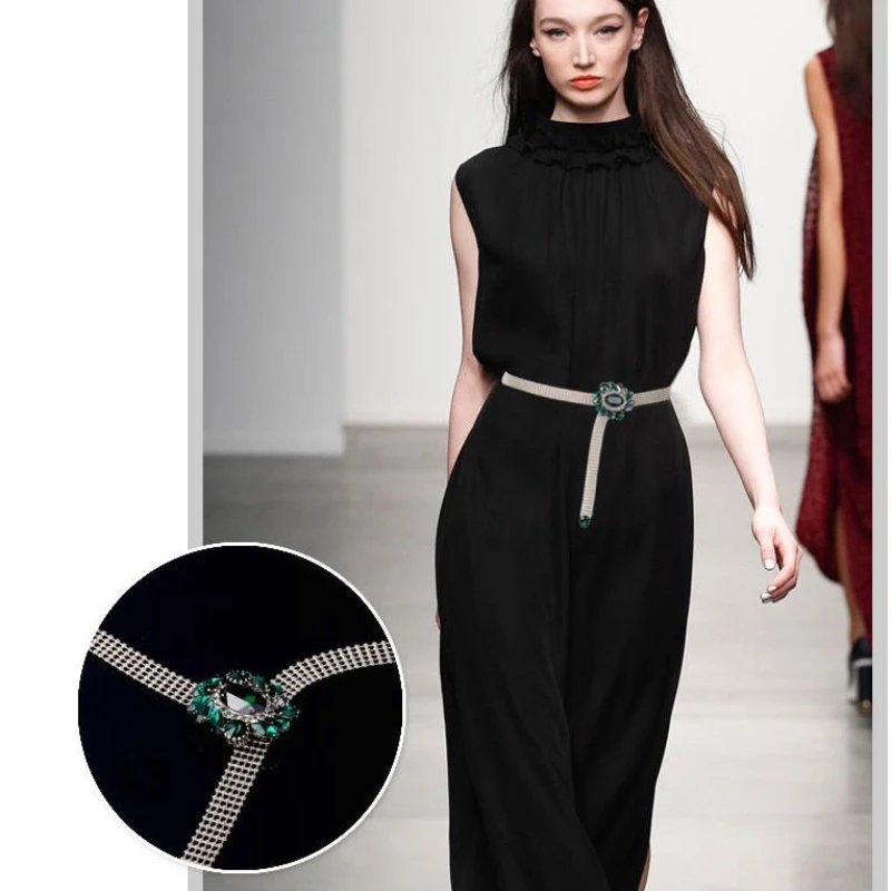 

Women's Fine Decorative Dress Belt with Skirt Fashion Joker Rhinestone Metal Waist Chain Green and White luxury Chain Belt