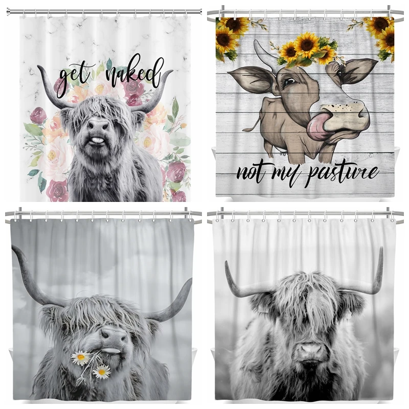

Farmhouse Highland Cow Bull Shower Curtain With Hooks Funny Cattle Bull Donke Floral Decoration Country Style Bothroom Curtains