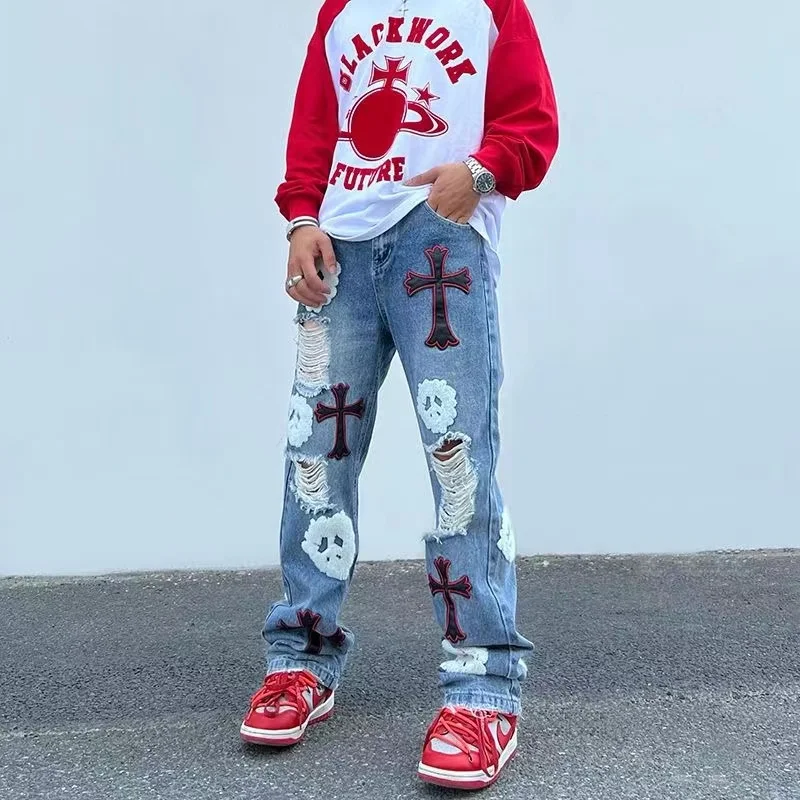 

Мужские джинсы с вышивкой, свободные прямые повседневные брюки с вышивкой в стиле ретро, 2023