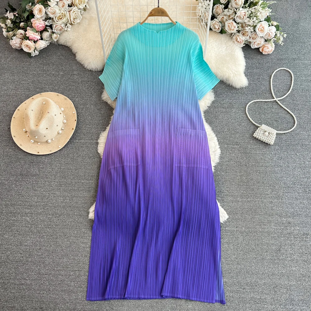 

Элегантное плиссированное платье VANOVICH с коротким рукавом и круглым вырезом, свободное ТРАПЕЦИЕВИДНОЕ ПЛАТЬЕ с градиентом, Новое Элегантное Длинное Летнее платье в Корейском стиле