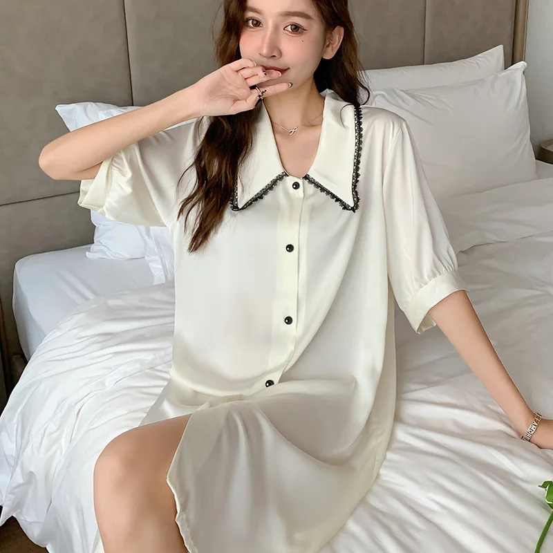

Sleepshirt Women Short Nightwear Short Sleeve Summer New Nightgown Lace Satin Patchwork Sexy Sleepwear Intimate Lingerie