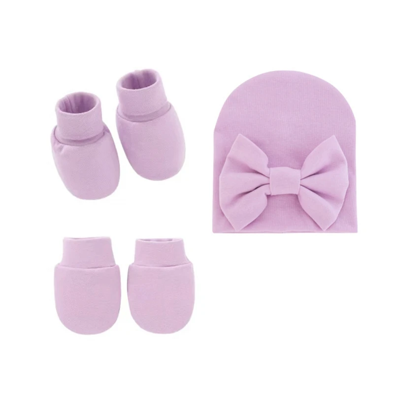 

F62D Baby Bowknot Hat No Scratch Gloves Foot Cover Set Infants Soft Cotton Mittens Cap Socks for Newborn Todddles