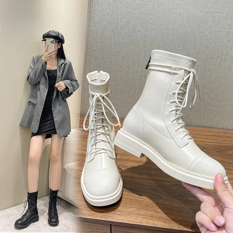 

Женские ботинки, белые, черные, новинка весны 2022, ботинки мартинсы, ботильоны для взрослых, модные эластичные ботинки на плоской подошве, раз...