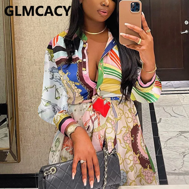 

Women Long Sleeve Vintage Chain Printed Shirt Dress