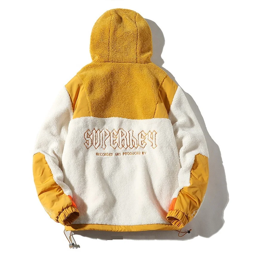 Color-blocked Stitching Imitation Lamb Wool Jackets Men Autumn and Winter Ins Trend Embroidered Hooded Warm Jacket Parka Hombre