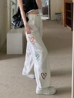white jeans y2k summer emo loose high waist show thin high street love straight wide leg long pants womens pants woman clothes