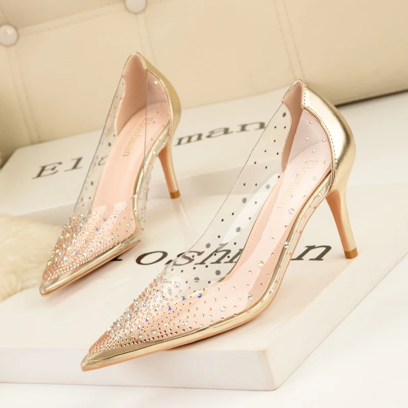 2023 High heels Sexy Shallow Shoes Genuies leather Wedding Shoes CrystalHigh heel Women's Shoes Nightclub Dress Work Shoes Woman