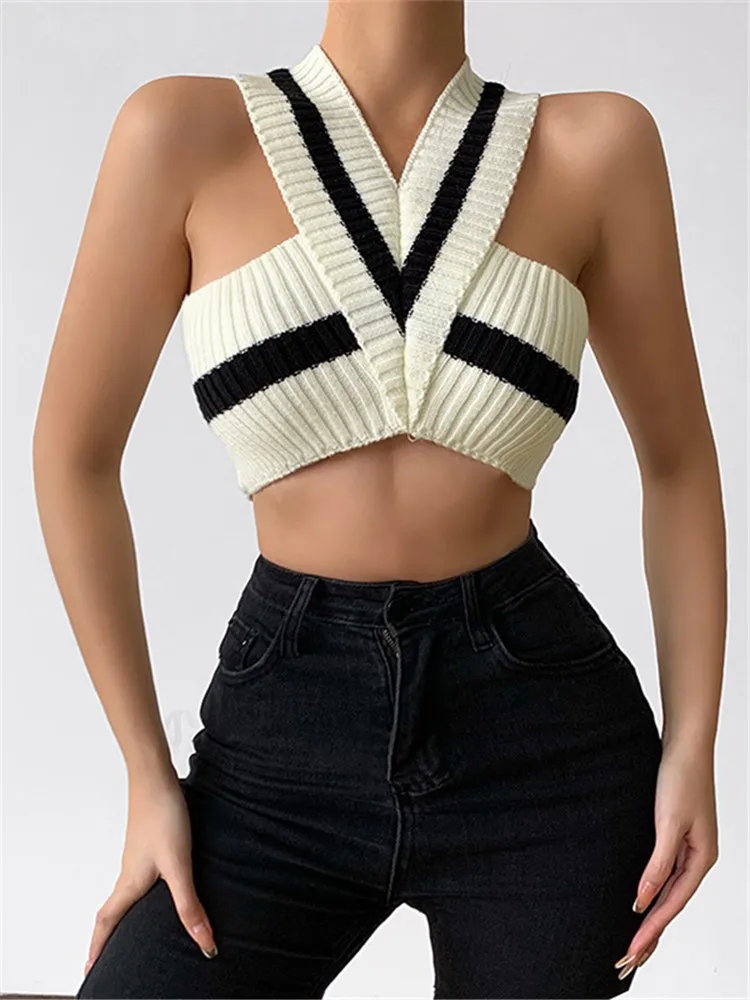 

Women Knitted Tank Tops Slim Striped Contrast Color Sleeveless V-neck Y2k Fashion Cropped Top Young Girl Skinny Nightclub Top