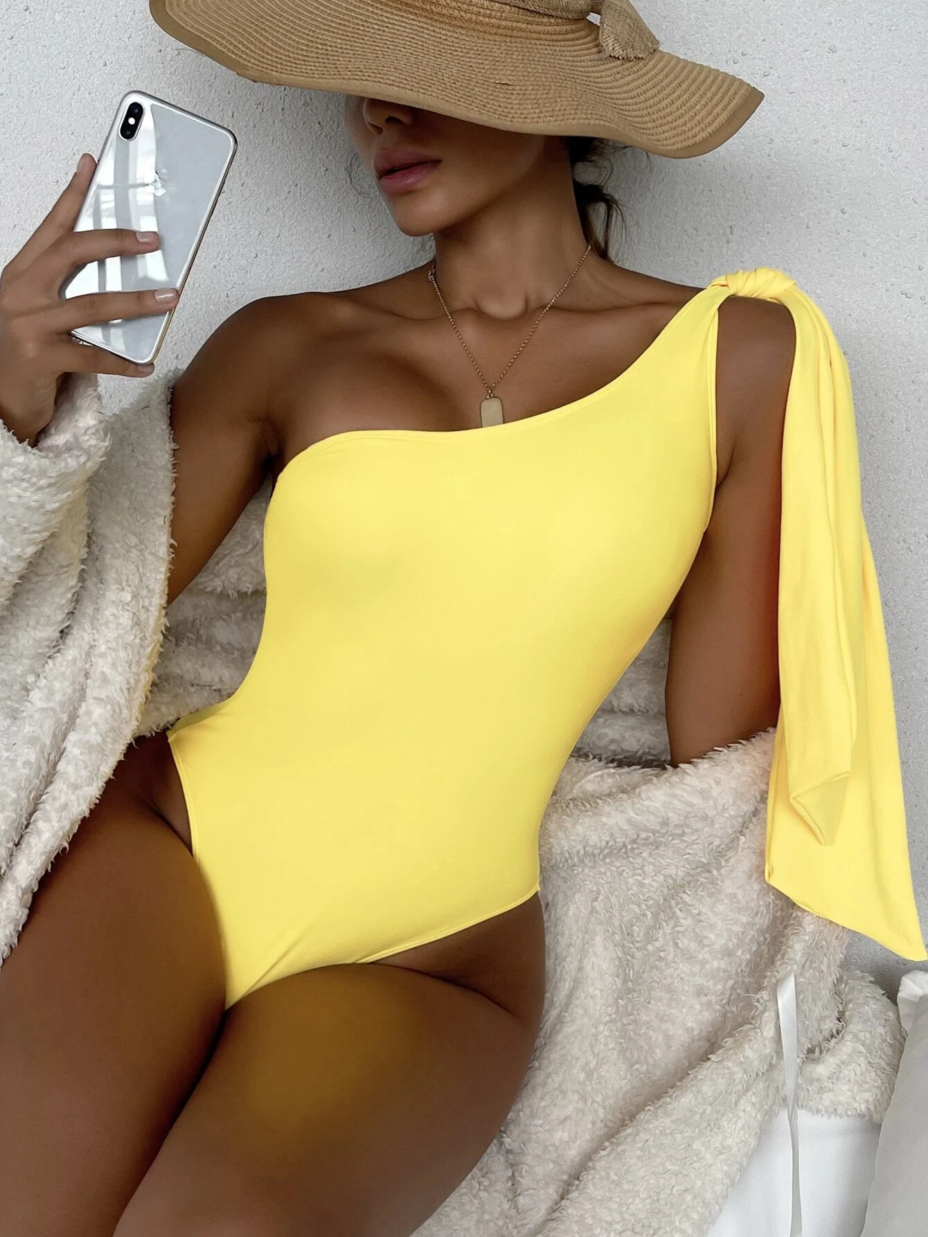 

One Shoulder Tassels One Piece Swimsuit Women Tummy Control Solid Swimwear Summer Sexy Vintage Female BodySuit