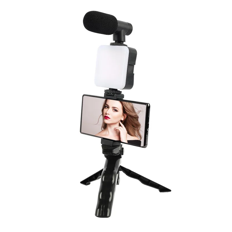 

Portable Phone Camera Tripod with Fill-in Light&Microphone Lightweight Folding Mini Phone Holder Clip for Live Video Vlog
