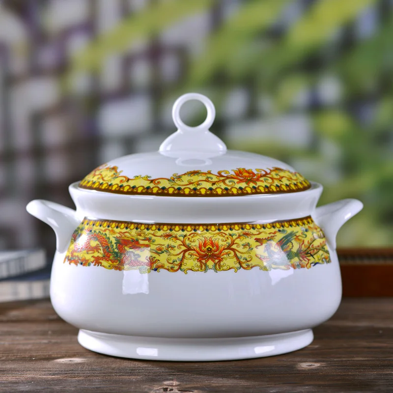 

Ceramic Jingdezhen big with cover and ears palace high quality bone china household bowl tableware soup pot