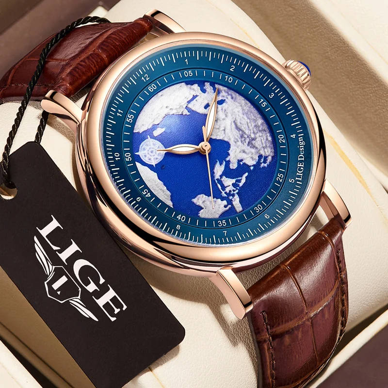 Часы наручные LIGE Мужские кварцевые, модные креативные спортивные с синей планетой, с кожаным ремешком, с коробкой
