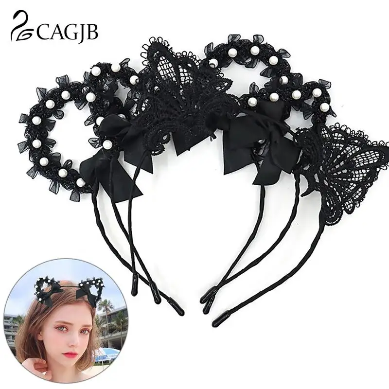 

Girl Birthday Party Hair Accessories Women Sexy Black Cat Ears Head Bezel Fashion Lace Lady Hairband Cosplay Headwear Headband