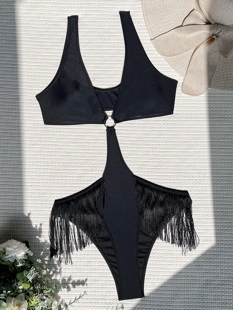 Sexy High Cut Tassel Female Swimwear One Piece swimsuit Women Backless Monokini Bather Bathing suit Swim Bodysuit