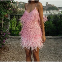 2022 women sexy mini dress sequins tassel feather spaghetti strap fashion stitching evening party club elegant dresses