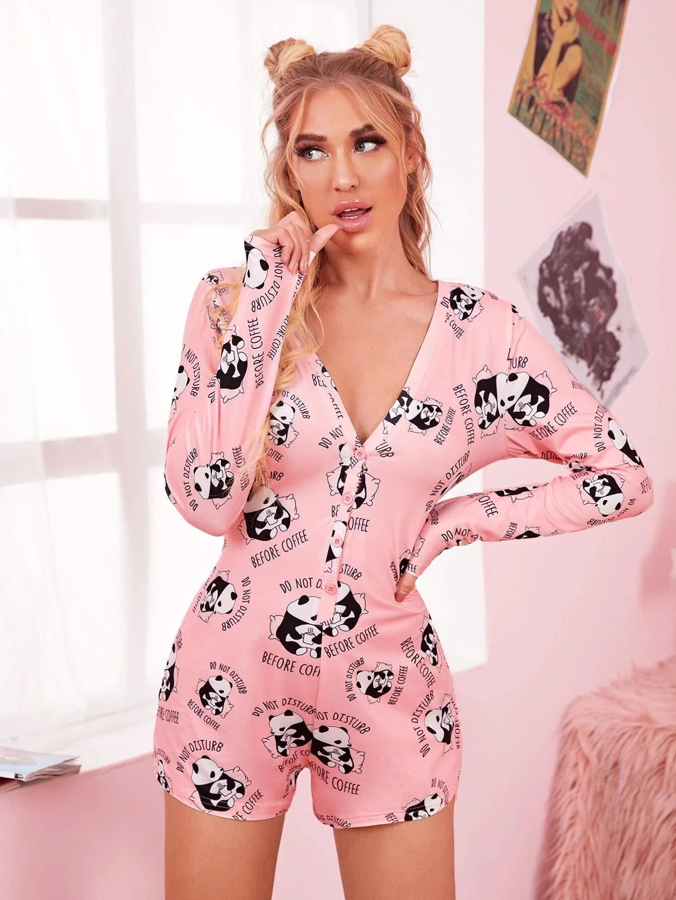

Panda And Slogan Graphic Pajama Onesie