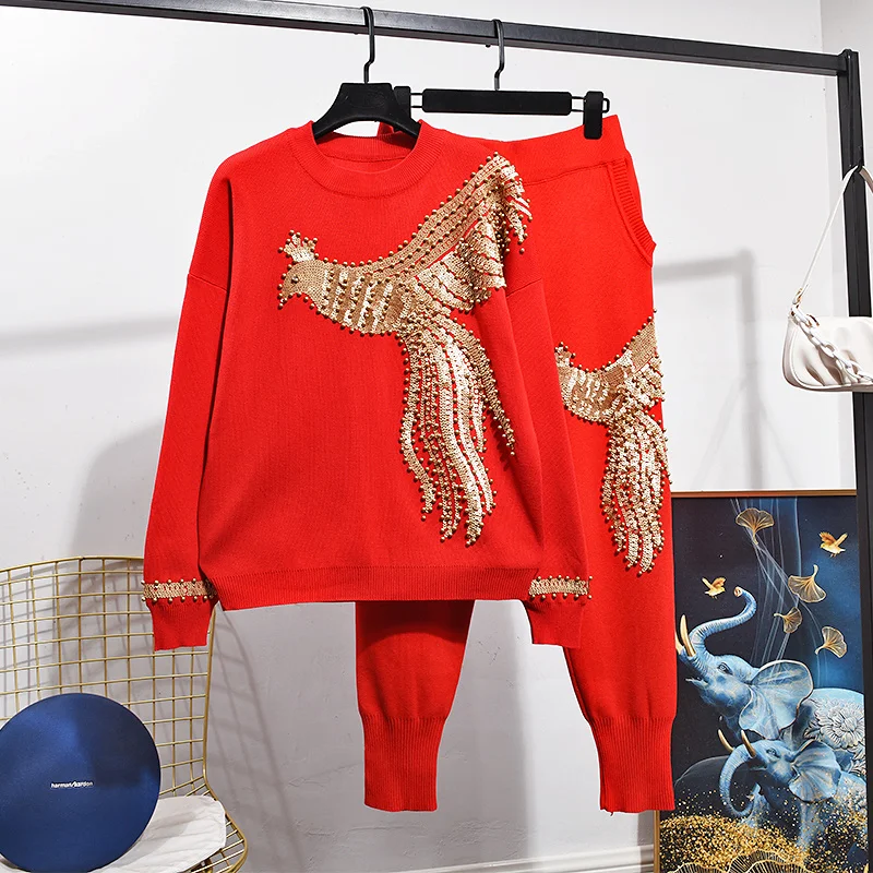 

Fashion Red Black White Knitted Tracksuits Set Women Casual Beading Sequins Phoenix Sweater Pencil Pants 2pc Knit Outfits Female