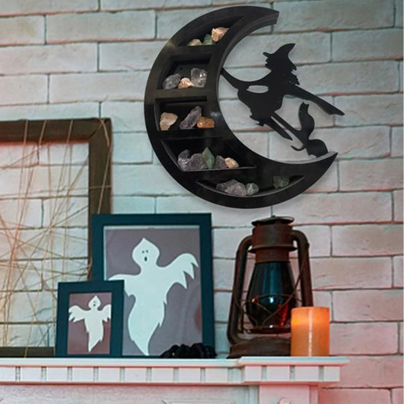 

1 Piece Witch On The Moon Crystal Shelf PVC Moon Shelf Black Witch Design Crystal Display Gothic Decorations For Living Room