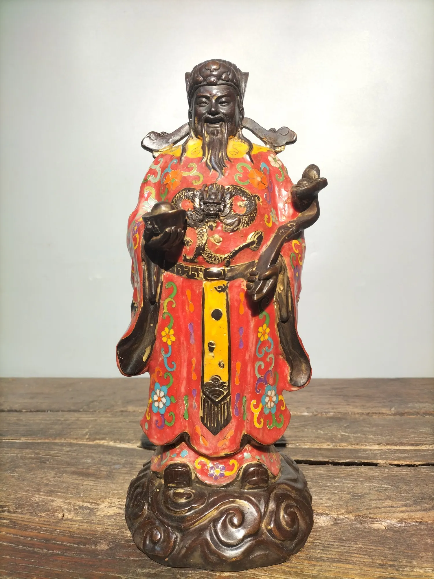 

14" Tibetan Temple Collection Old Bronze Cloisonne Enamel Ingots Ruyi God of Fortune Gather fortune ornament Town house Exorcism