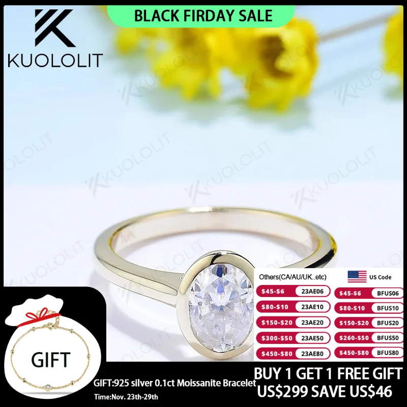 

Kuololit 1CT Oval Cut Moissanite Rings for Women Solid 18K 14K 10K Yellow Gold Diamond Rings Bezel Set for Anniversary Wedding