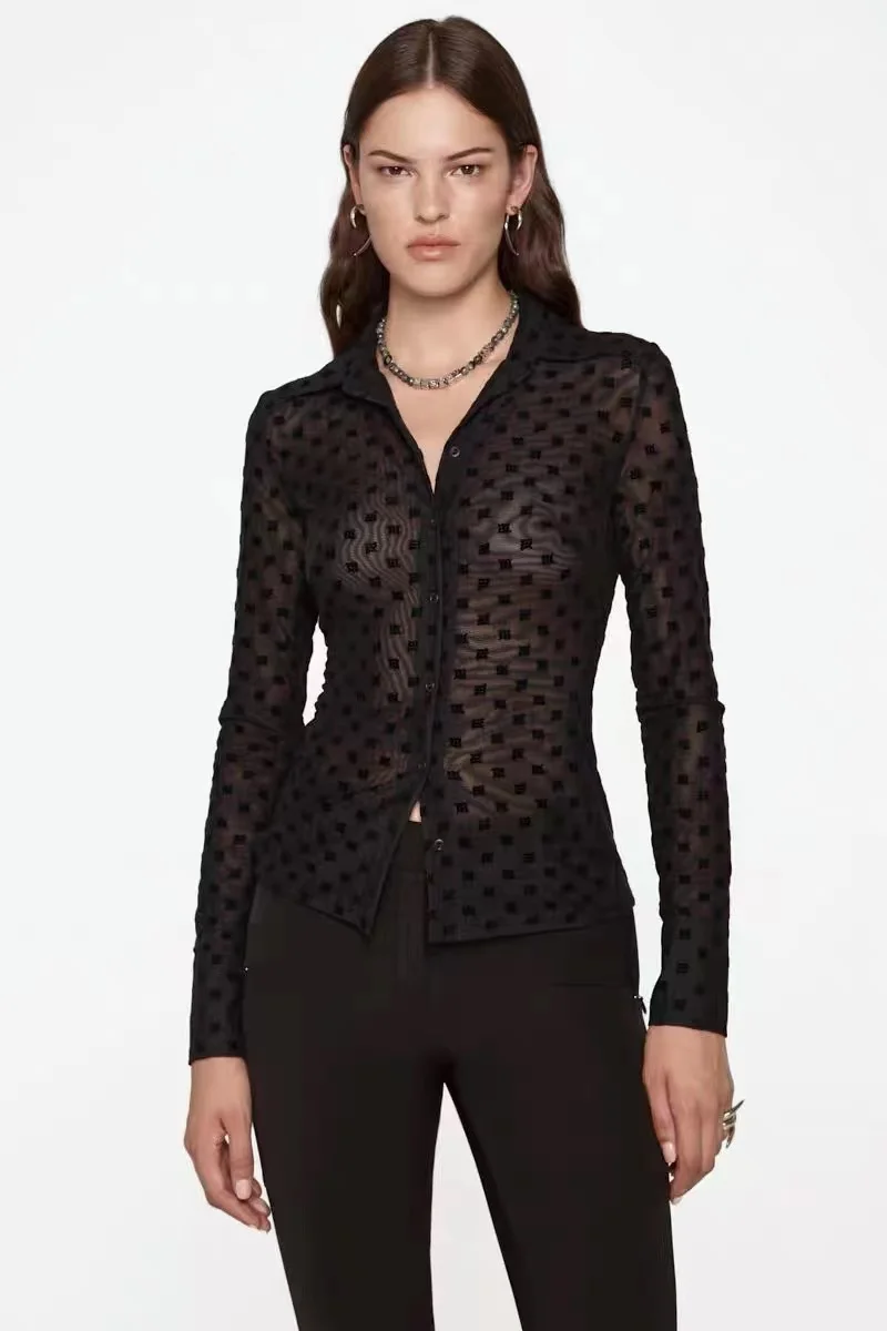 

European and American three-dimensional flocking tight sexy translucent elastic lace shirt shirt waist slimming