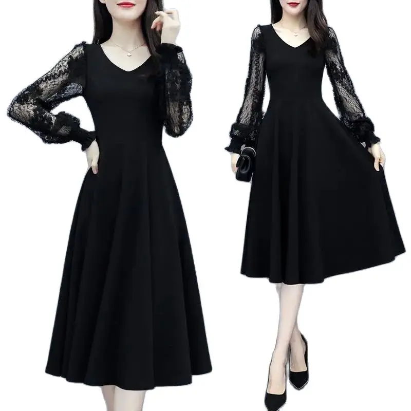 

(Приблизительно) Новинка 2022 на раннюю весну, черная сексуальная женская одежда, кружевное платье средней длины с длинными рукавами, тонкая ю...