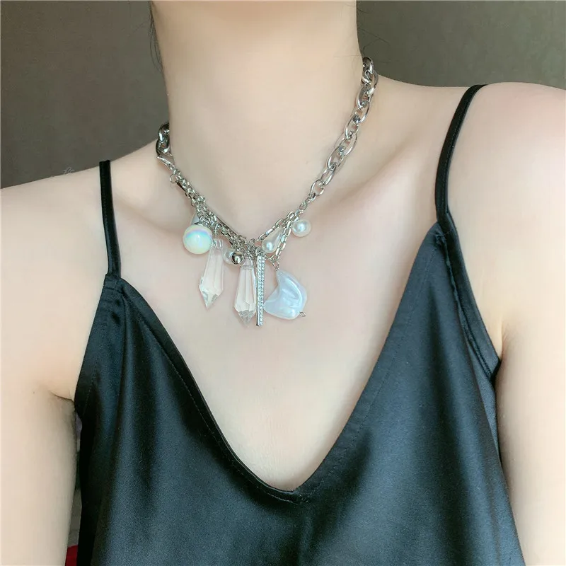 

2022 Cool Geometric Crystal Pearl Pendant Necklace for Women Female Elegant Aesthetics Rhinestones Chains Choker Zircon Jewelry