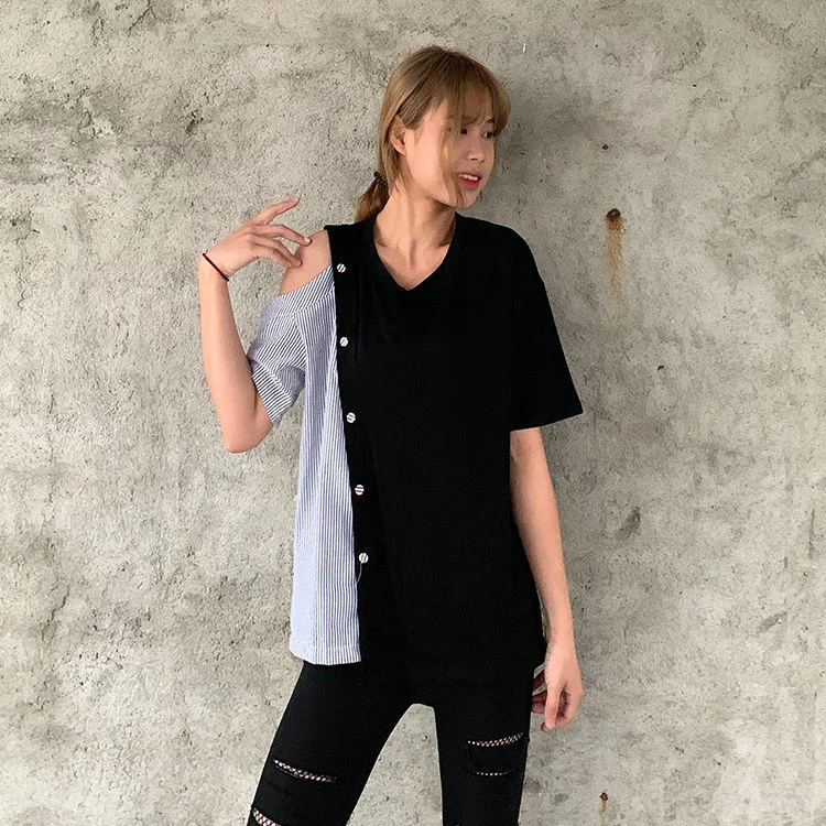 

Fashion Striped T-shirt Women Short Sleeve Loose Patchwork Special Button Top Korean Fashion T-shirt Summer Korean