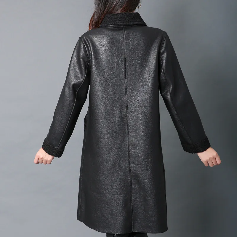Autumn Winter Oversized Long Soft Faux Leather Coat Lambsw Collar Women Long Sleeve Buttons Elegant PU Jacket Female Clothing
