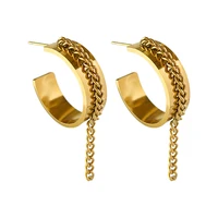 allnewme stylish titanium steel c shape hoop earring gold color link chain long tassel earring for women statement jewelry gift