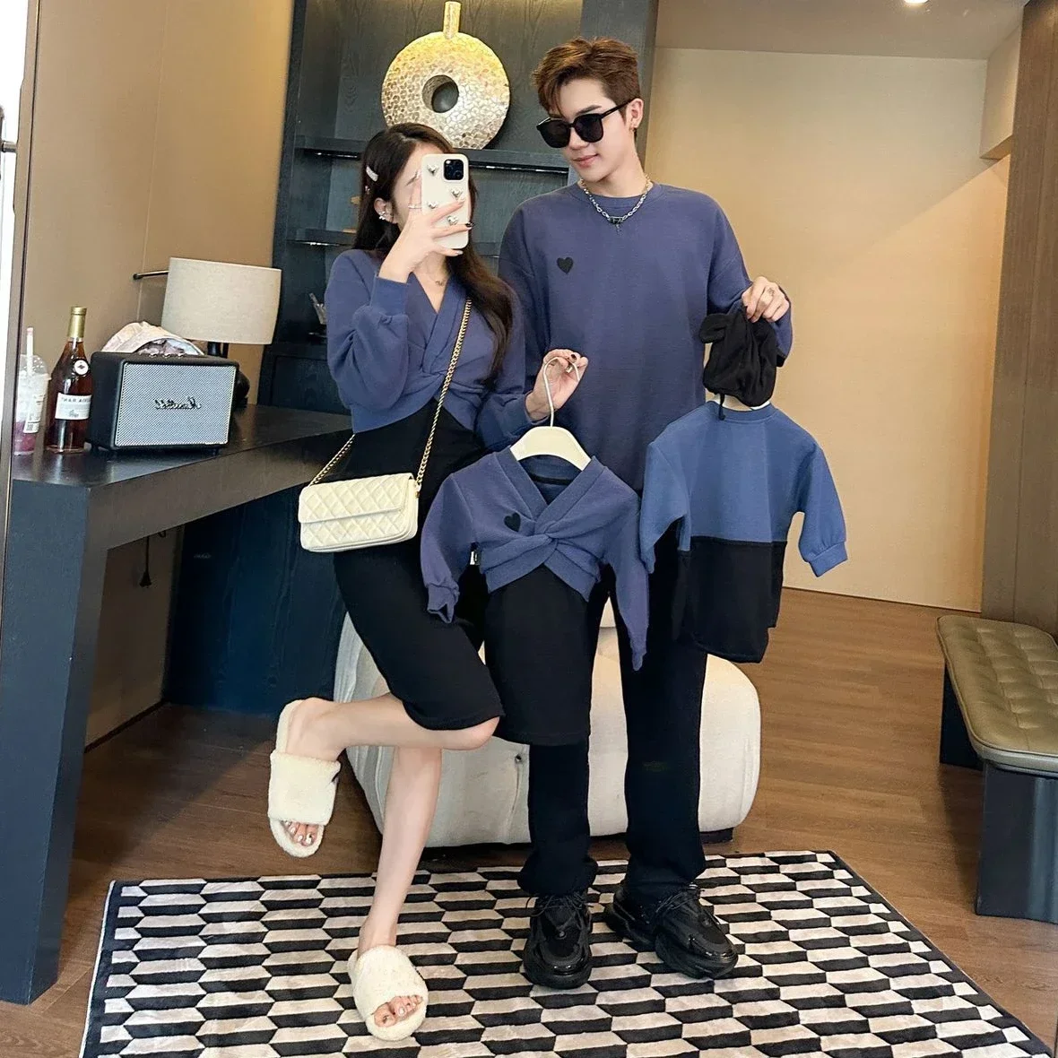 Семейная зимняя теплая одежда топы с длинным рукавом для мамы и дочки + платье на