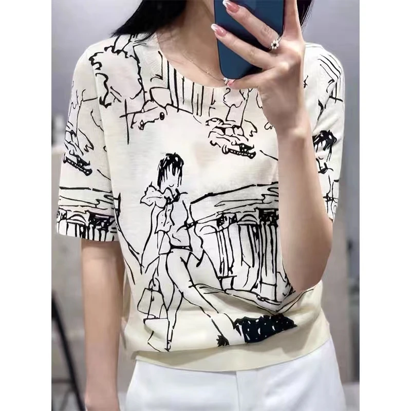 Summer New Fine Imitation Ultra-Thin Comfortable Round Neck T-Shirt Sweater Graffiti Print Pullover