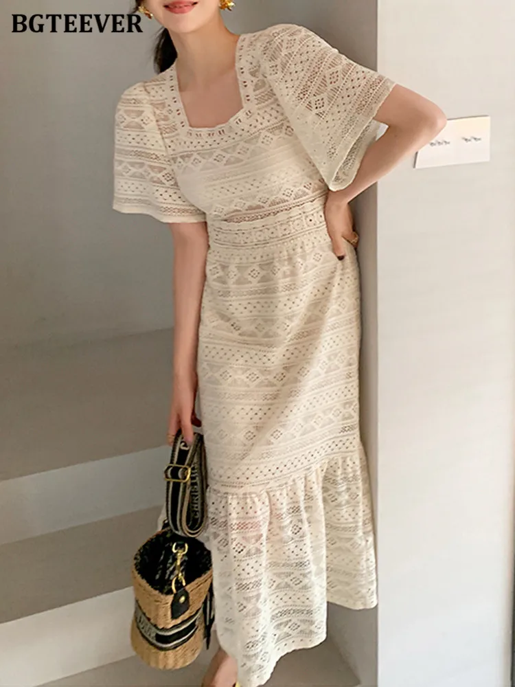 

BGTEEVER Elegant Square Collar Short Sleeve Lace Dress Women Fashion Hollow-out A-line Dress Female Summer Holiday Vestidos