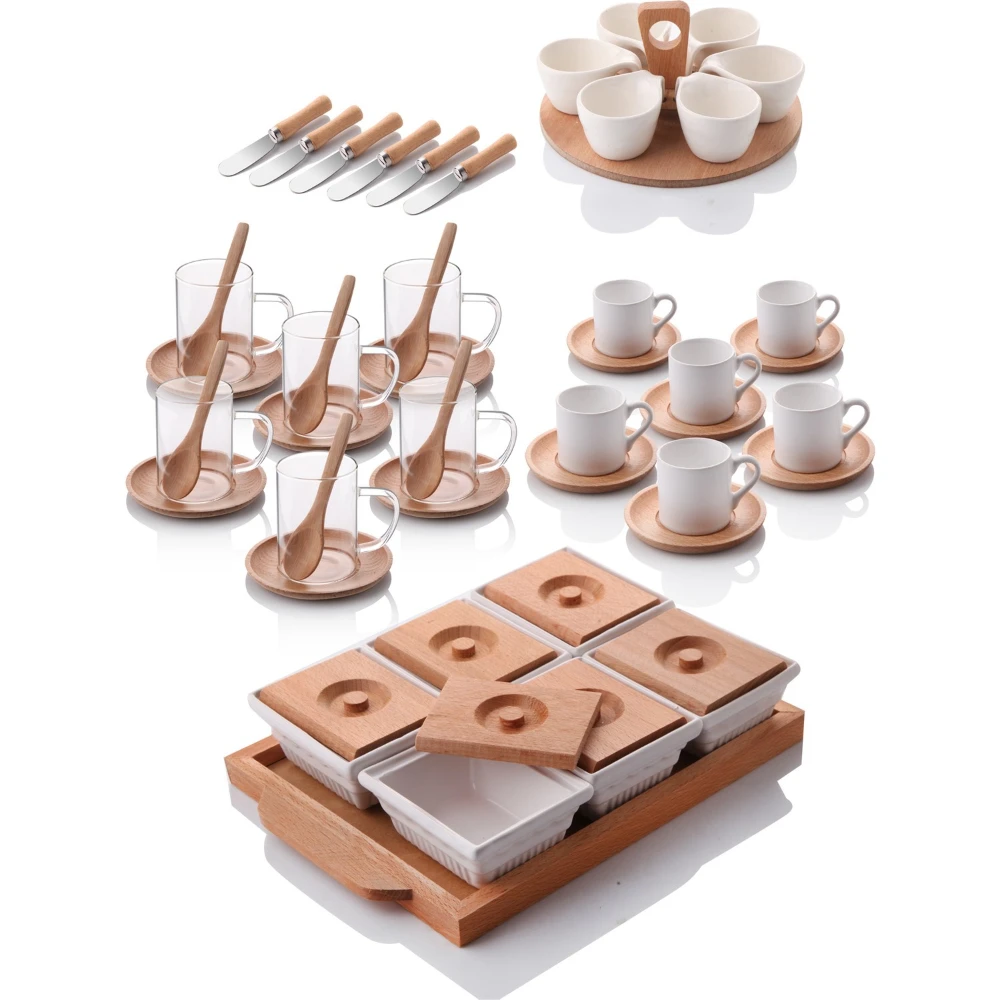 

Bamboo Breakfast Set Presentation Wooden Covered Kitchen Food Storage Box Container Tray Tea Mug Coffee Cup Plate Spoon Serving