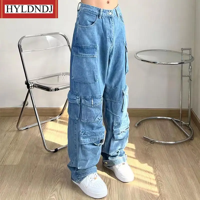 Womens Y2K Street Hip-Hop Wide-Leg Straight Overalls Couples Multi-Pocket Casual Slacks Unisex Trend Joker Jeans Antique Jeans