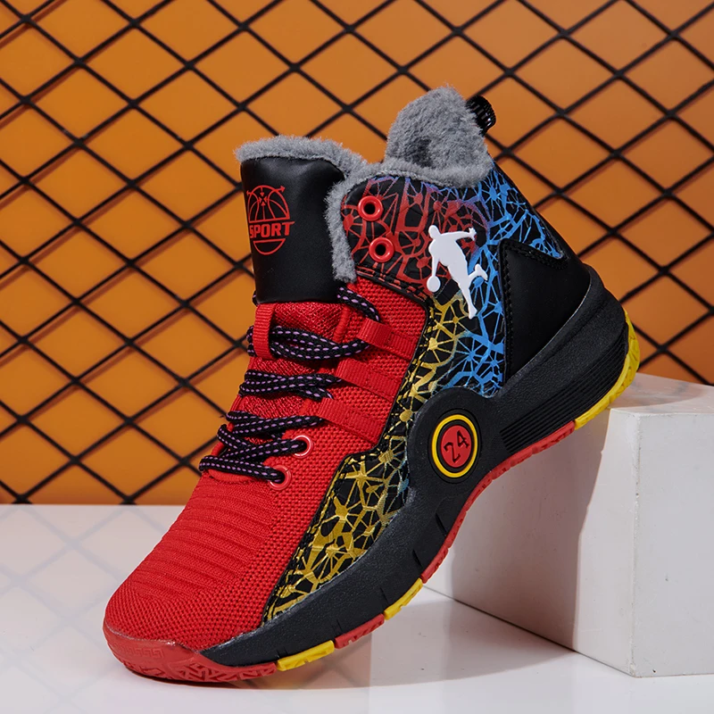 

Брендовая детская обувь, зимняя детская Баскетбольная обувь, плюшевые теплые кроссовки для мальчиков, Нескользящие снегоступы с резиновой подошвой, Детские уличные ботинки