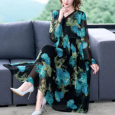 Женское шифоновое платье с оборками, винтажное свободное платье с V-образным вырезом и цветочным принтом, одежда для матерей, весна 2022