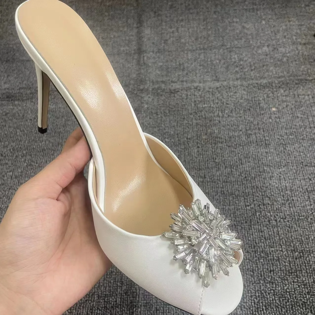 2022 Elegant Rhinestone Flowers Open Toe Green Sandals Women's Stiletto High Heels Slippers Luxury Slipers Style Sexy Party