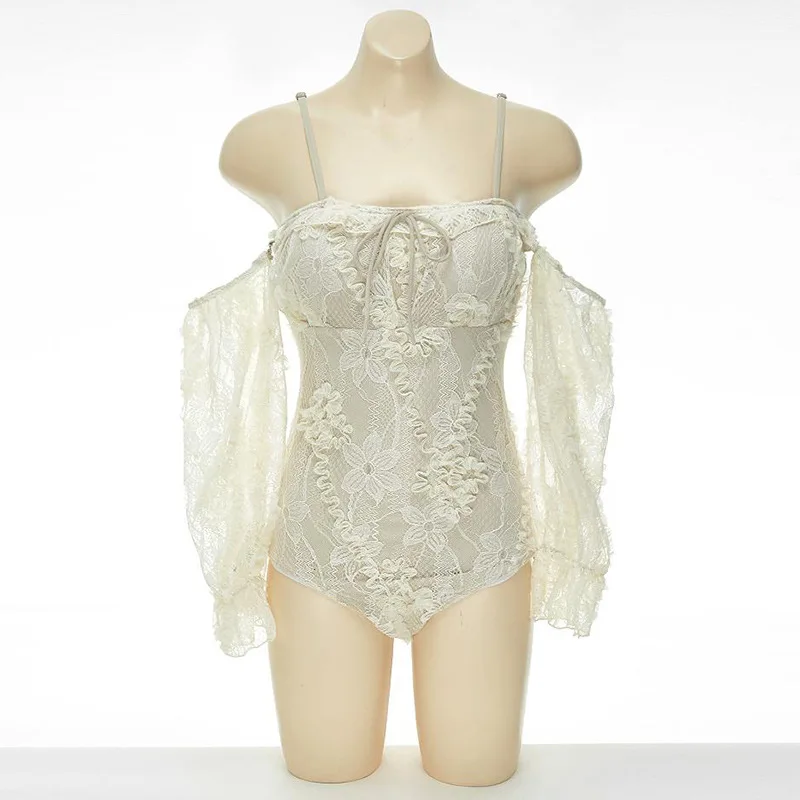 

Korean Japan Style Body Suit Bandage Swimwear Sexy Backless Summer Beachwaer Biquini Women Lace Mesh Floral Embroidery Bikini