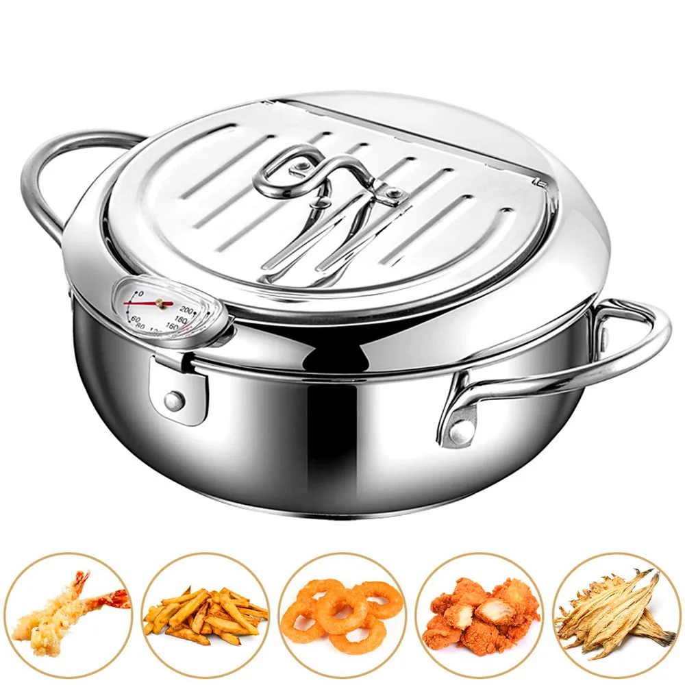 

304 Stainless Steel Tempura Deep Fryer Pot With Thermometer And Oil Drip Rack Lid For Chicken Fries Fish Shrimp Oil Frying Pan