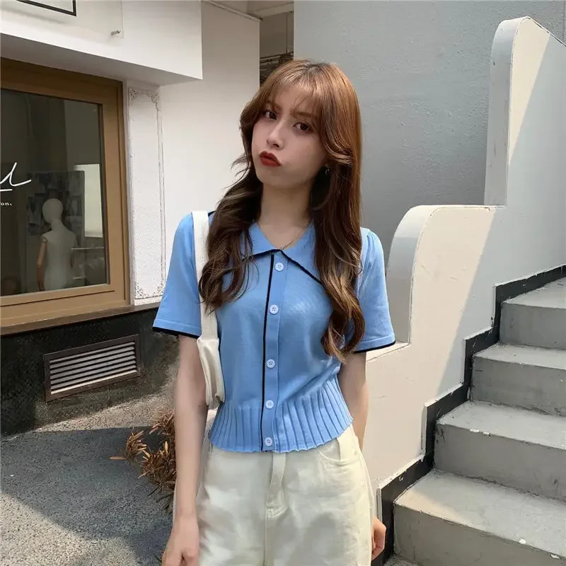 Женские футболки с воротником Питер Пэн трикотажная одежда коротким рукавом