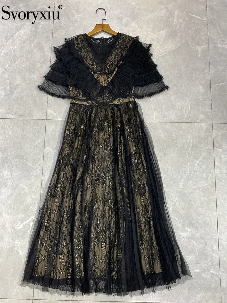 

Svoryxiu Summer Runway Fashion Vintage Luxury Black Lace Midi Dress Women Short Sleeve Hollow Out High Waist Holiday Party Dress