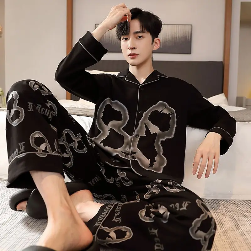 1 Men's pajamas Men's pure cotton spring and autumn summer long sleeves can be worn outside the home suit All cotton thin style