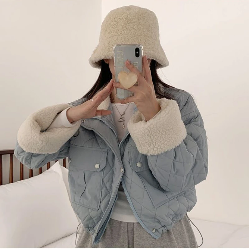 Plaid Warm Parka Woman Korean Fashion Turn Down Collar Thickened Long Sleeve Zipper Quilted Coat Female Winter Top Dropshipping
