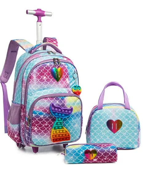 17 Inch school trolley backpack bag School Rolling bag for girls school wheeled backpack lunch bag set schoolbag with wheels