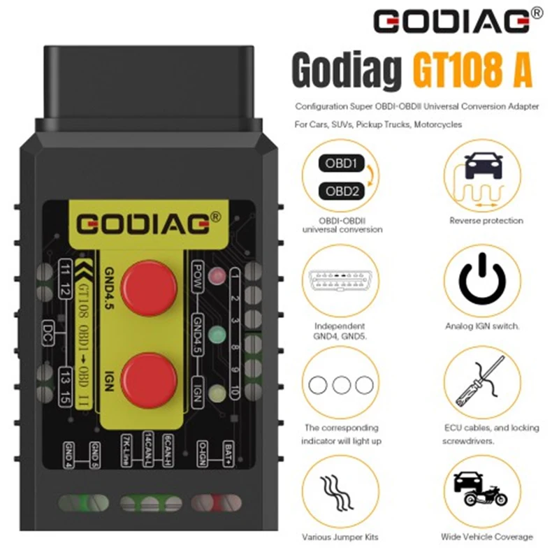 Универсальный конверсионный адаптер GODIAG GT108 A Configuration Super OBDI-OBDII для автомобилей