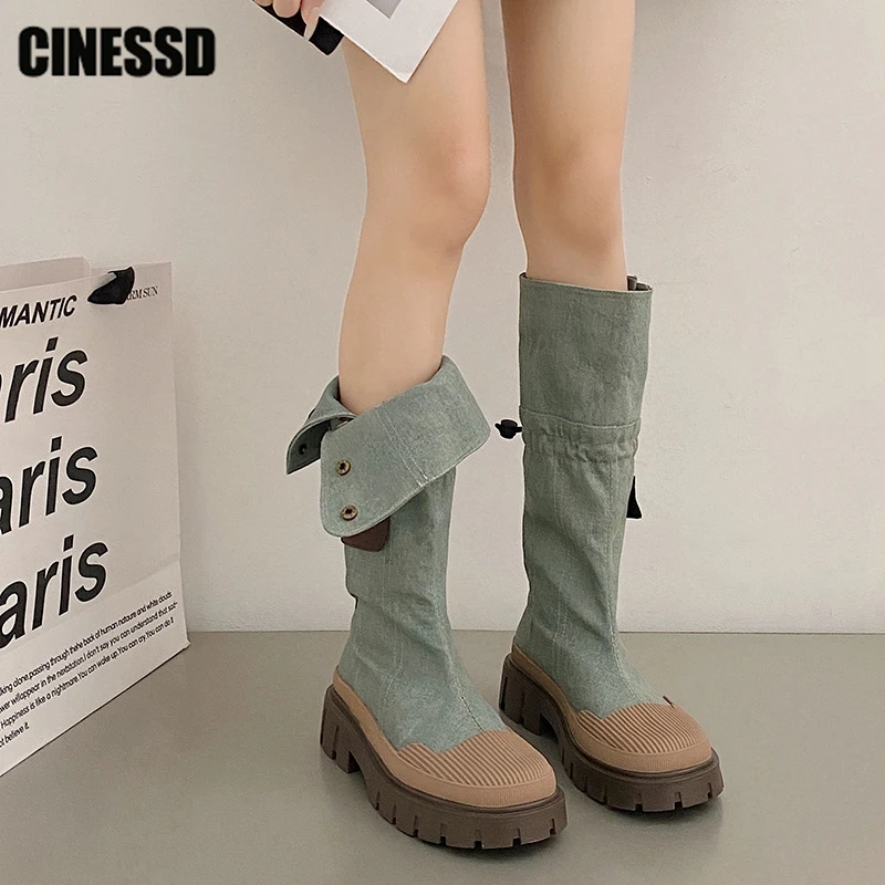 

Thick Bottom Western Knee High Boots Denim Female Canvas 2023 New Button Platform Women Shoes Vintage Ladies Knight Boot Long